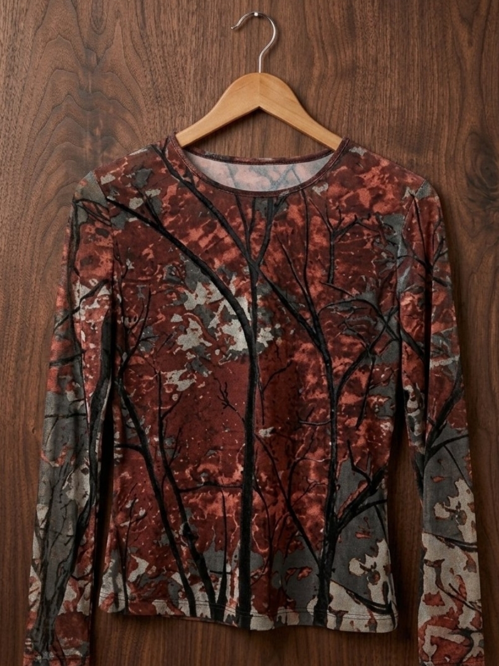 BCBG Rust Red and Gray Long-Sleeve Printed Top